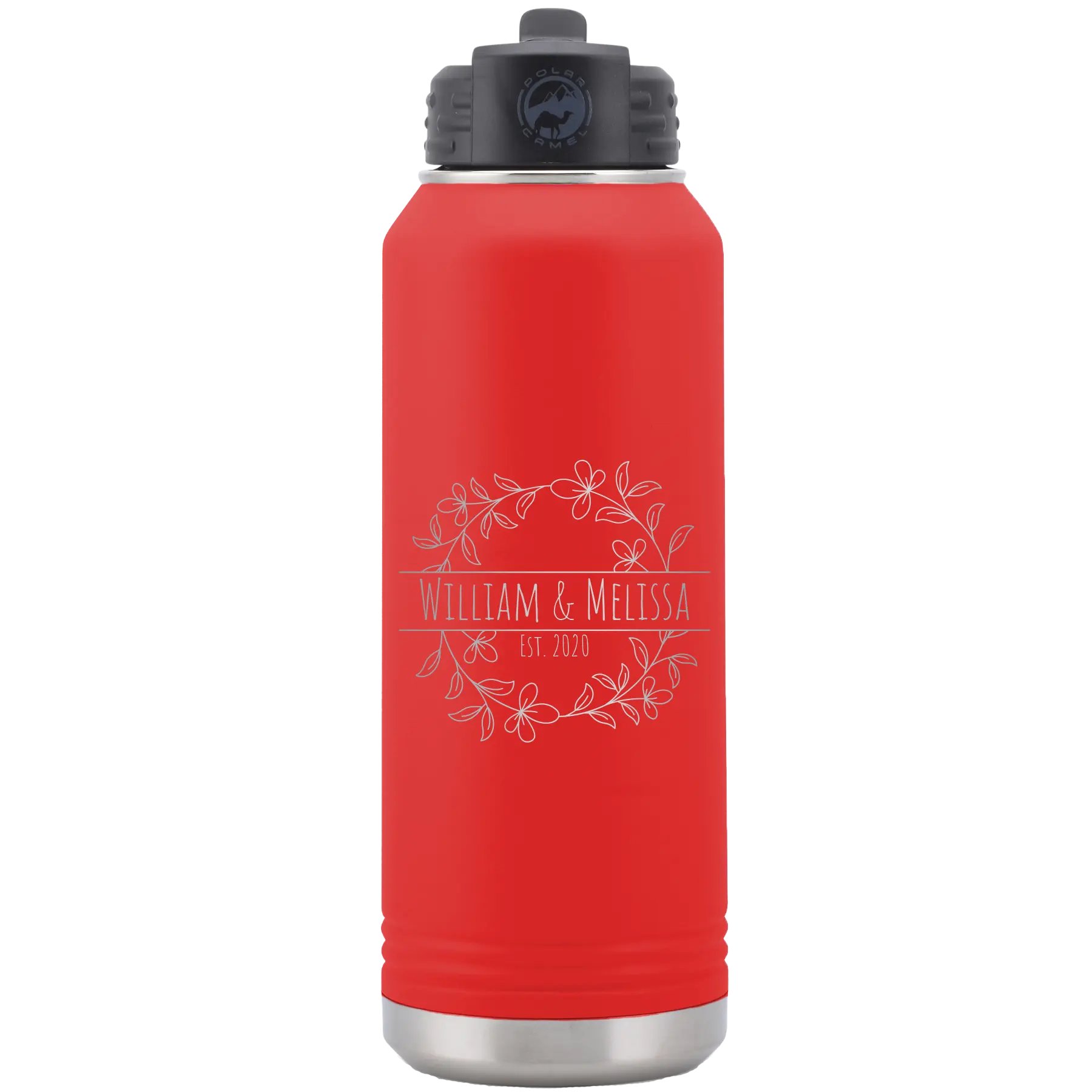 Personalized red 32 oz vacuum insulated water bottle with 'Names and est' design