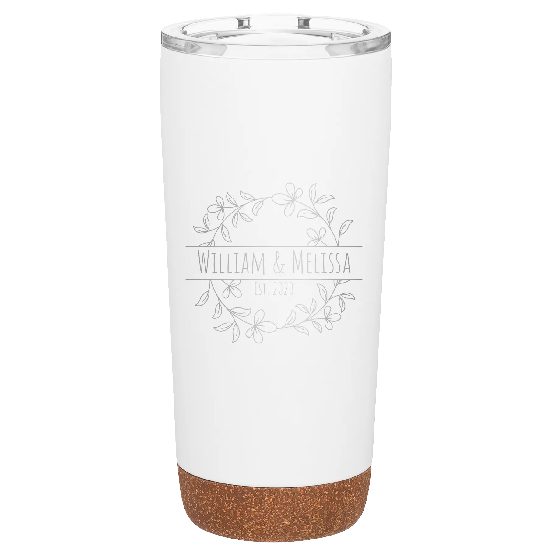 Personalized white 20 oz vacuum insulated tumbler with 'Names and est' design