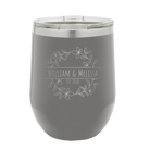 Personalized dark gray 12 oz vacuum insulated wine cup with 'Names and est' design