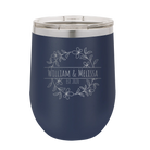Personalized navy 12 oz vacuum insulated wine cup with 'Names and est' design