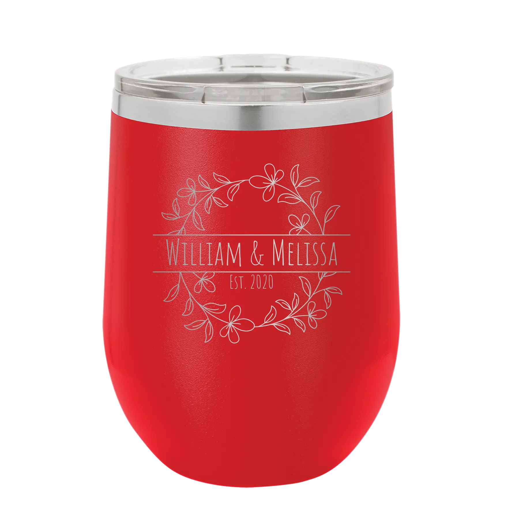 Personalized red 12 oz vacuum insulated wine cup with 'Names and est' design
