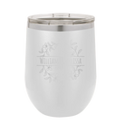 Personalized white 12 oz vacuum insulated wine cup with 'Names and est' design