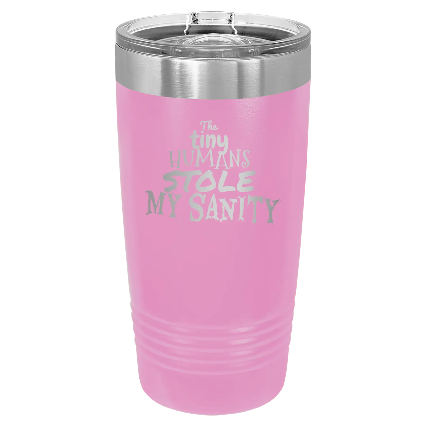 Laser etched light purple 20 oz vacuum insulated tumbler with 'The Tiny Humans Stole My Sanity' design