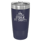 Laser etched navy 20 oz vacuum insulated tumbler with 'The Tiny Humans Stole My Sanity' design
