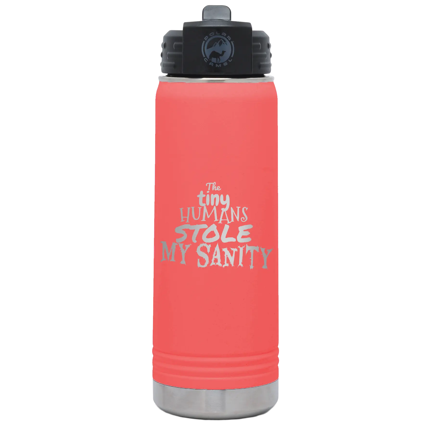 Laser etched coral 20 oz vacuum insulated water bottle with 'The Tiny Humans Stole My Sanity' design