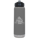 Laser etched dark gray 20 oz vacuum insulated water bottle with 'The Tiny Humans Stole My Sanity' design