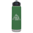 Laser etched green 20 oz vacuum insulated water bottle with 'The Tiny Humans Stole My Sanity' design