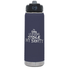 Laser etched navy 20 oz vacuum insulated water bottle with 'The Tiny Humans Stole My Sanity' design