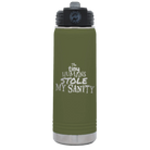 Laser etched olive green 20 oz vacuum insulated water bottle with 'The Tiny Humans Stole My Sanity' design