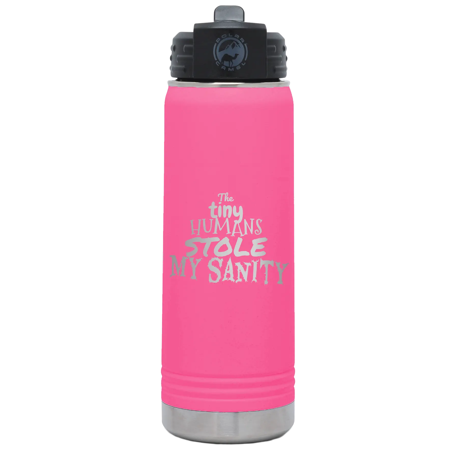 Laser etched pink 20 oz vacuum insulated water bottle with 'The Tiny Humans Stole My Sanity' design