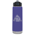 Laser etched purple 20 oz vacuum insulated water bottle with 'The Tiny Humans Stole My Sanity' design