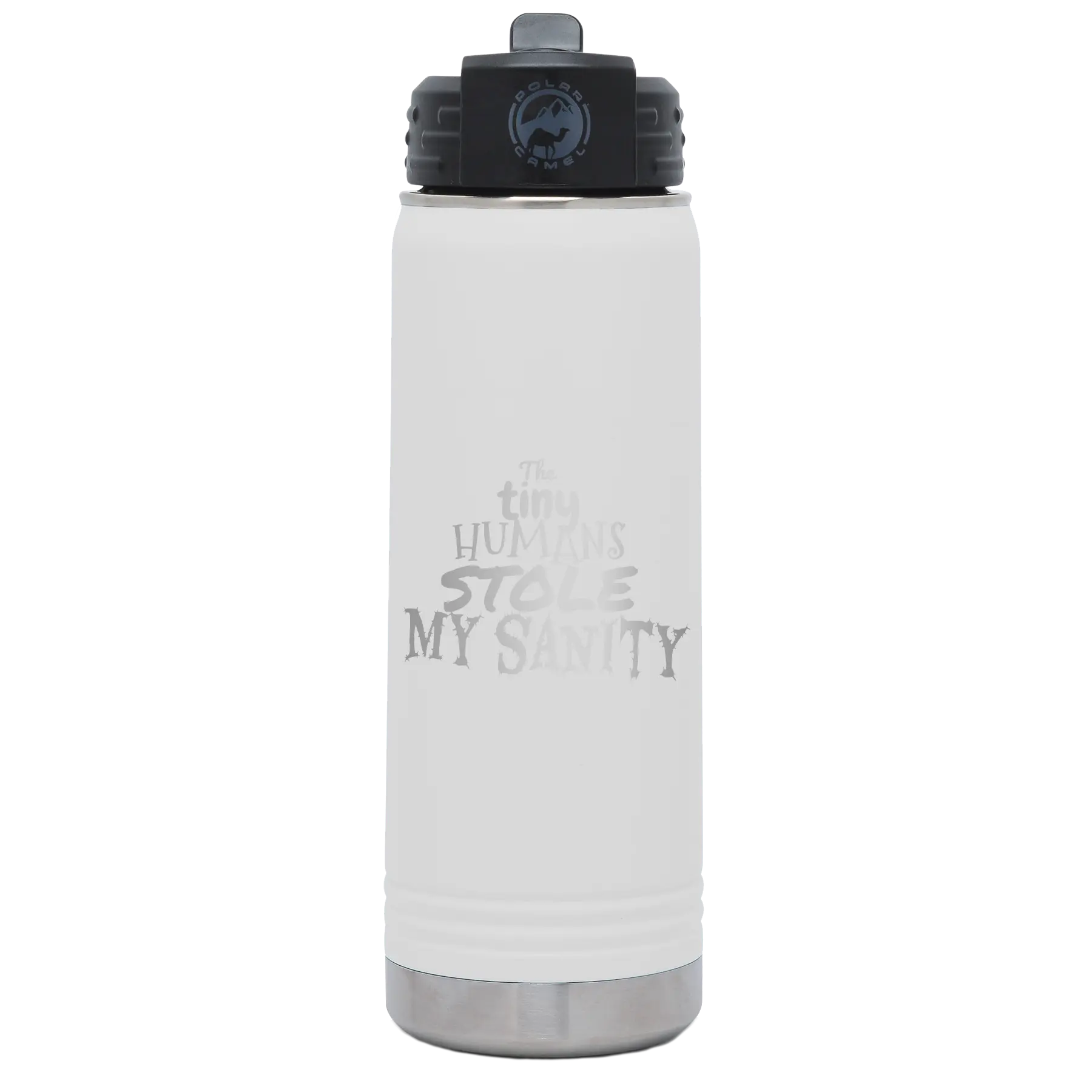 Laser etched white 20 oz vacuum insulated water bottle with 'The Tiny Humans Stole My Sanity' design