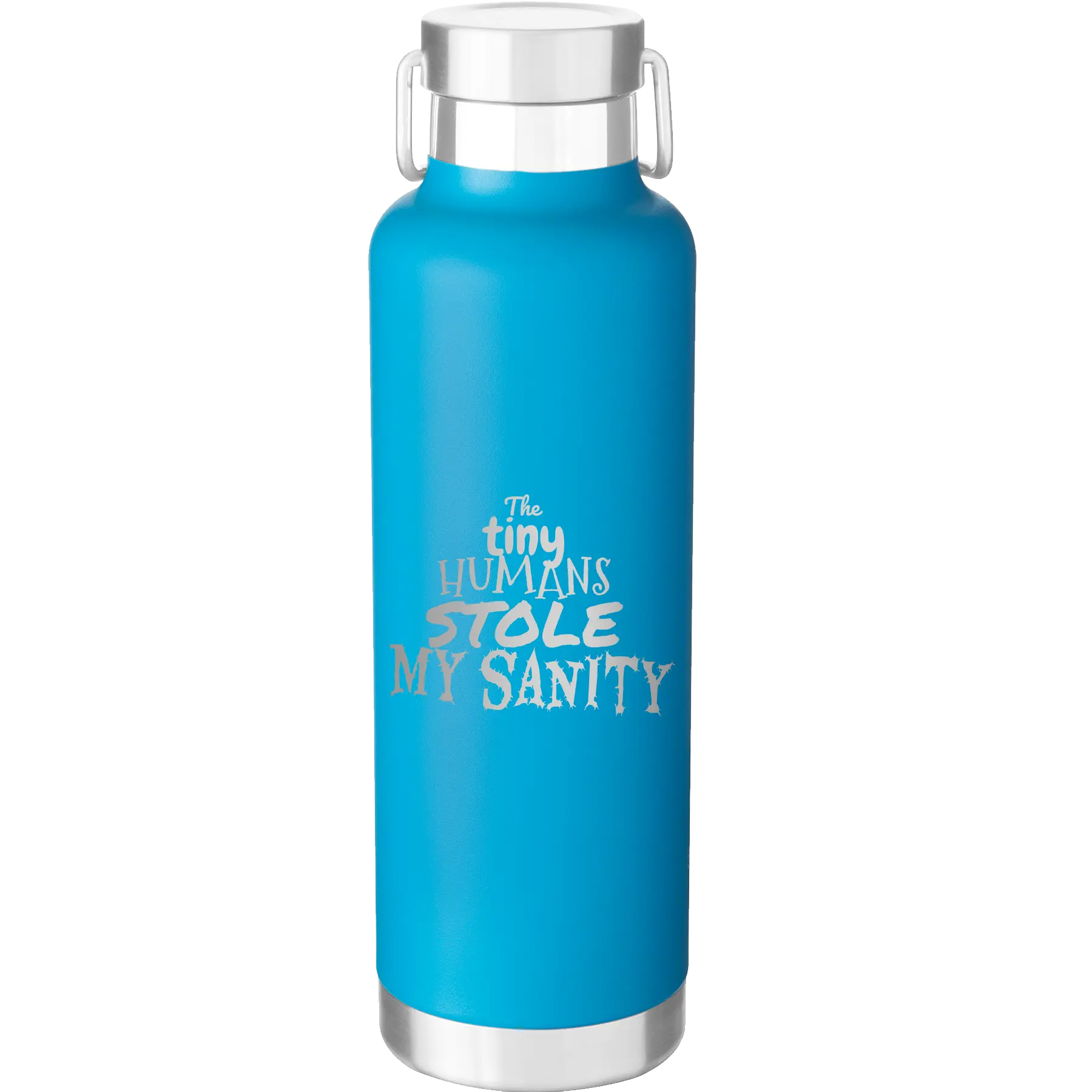 Laser etched aqua 24 oz vacuum insulated water bottle with 'The Tiny Humans Stole My Sanity' design