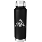 Laser etched black 24 oz vacuum insulated water bottle with 'The Tiny Humans Stole My Sanity' design