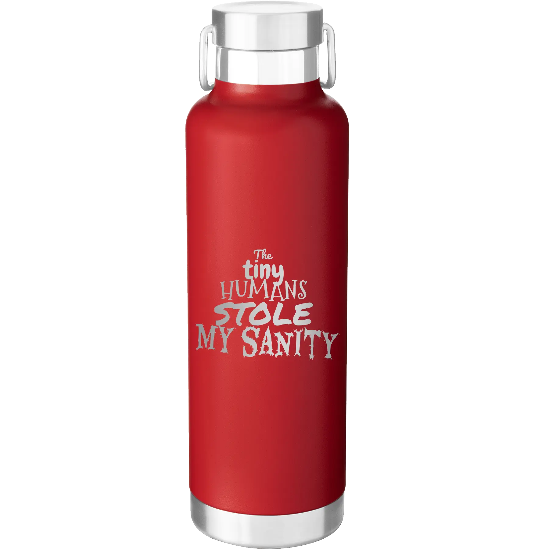 Laser etched red 24 oz vacuum insulated water bottle with 'The Tiny Humans Stole My Sanity' design