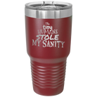 Laser etched maroon 30 oz vacuum insulated tumbler with 'The Tiny Humans Stole My Sanity' design