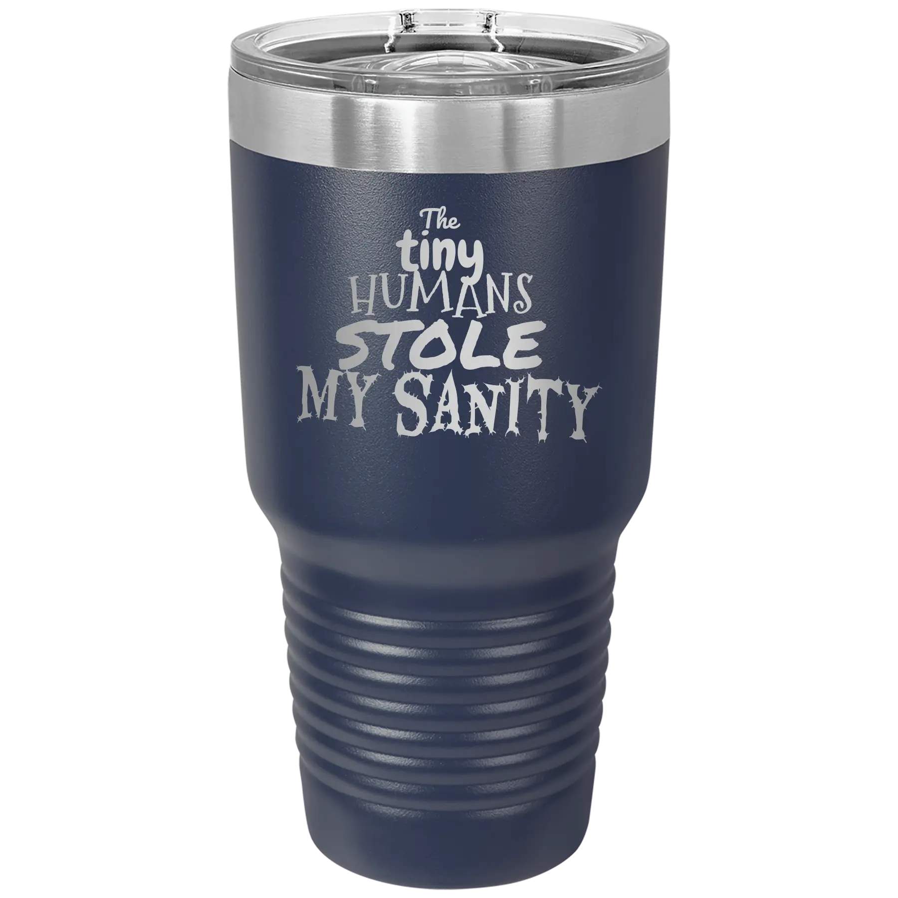 Laser etched navy 30 oz vacuum insulated tumbler with 'The Tiny Humans Stole My Sanity' design