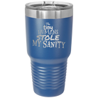 Laser etched royal blue 30 oz vacuum insulated tumbler with 'The Tiny Humans Stole My Sanity' design