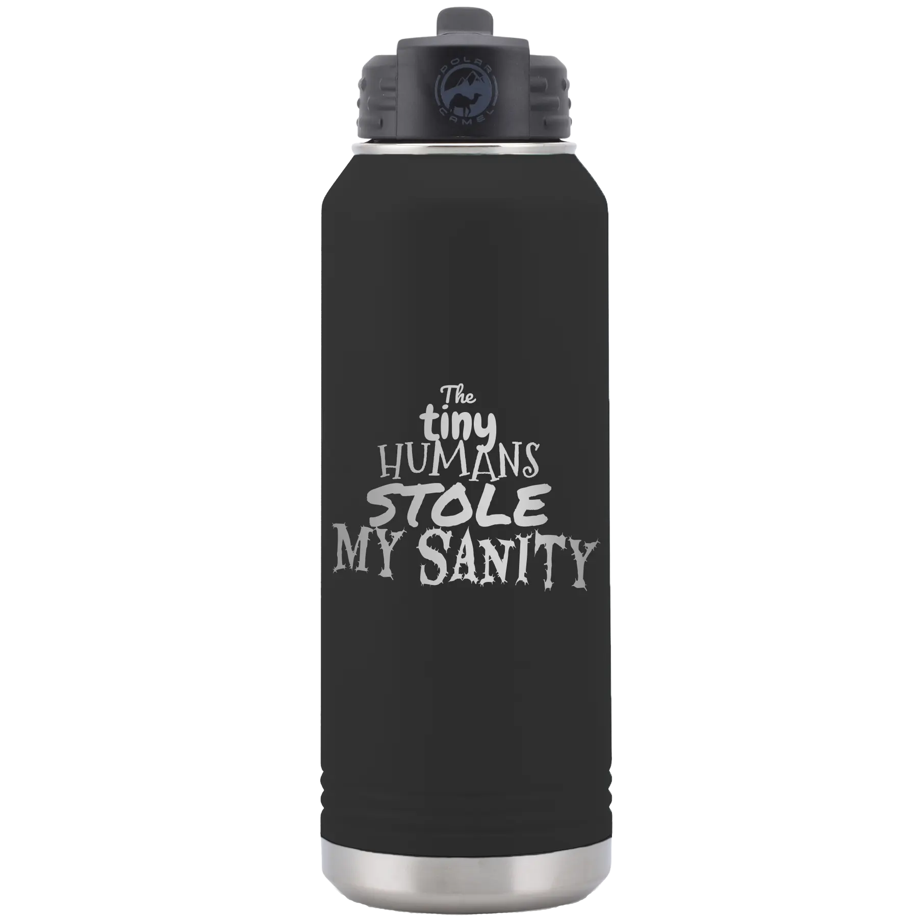 Laser etched black 32 oz vacuum insulated water bottle with 'The Tiny Humans Stole My Sanity' design