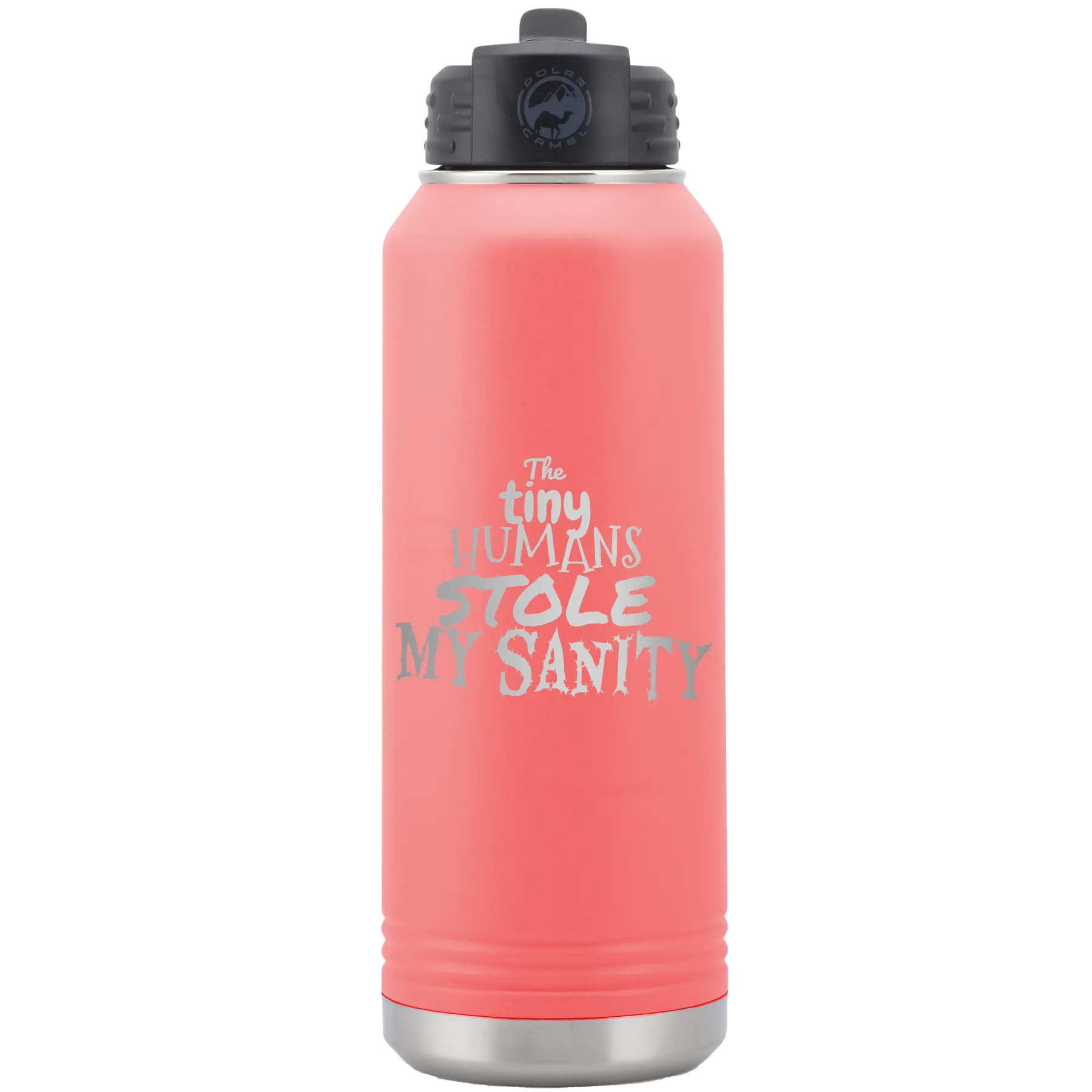Laser etched coral 32 oz vacuum insulated water bottle with 'The Tiny Humans Stole My Sanity' design