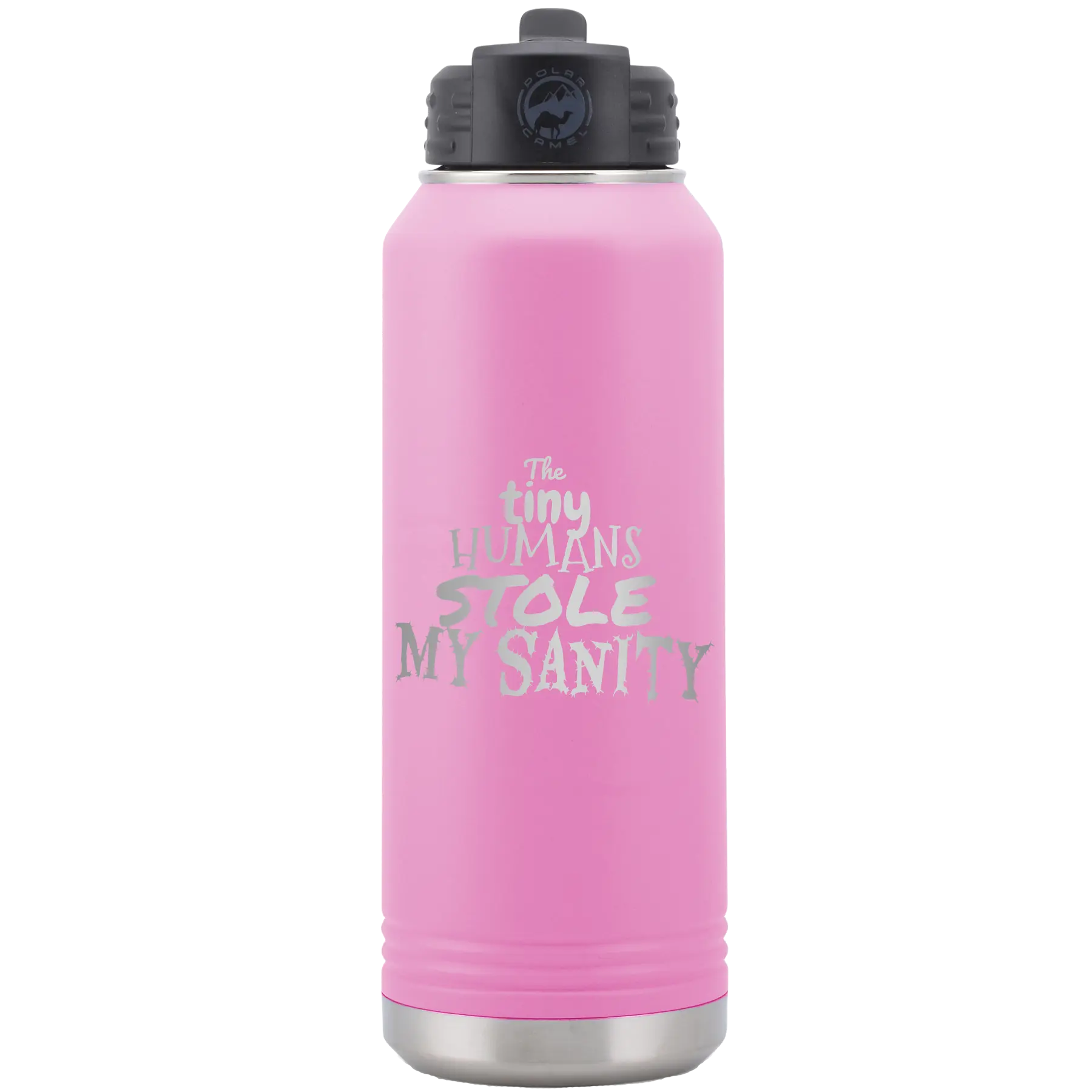 Laser etched light purple 32 oz vacuum insulated water bottle with 'The Tiny Humans Stole My Sanity' design
