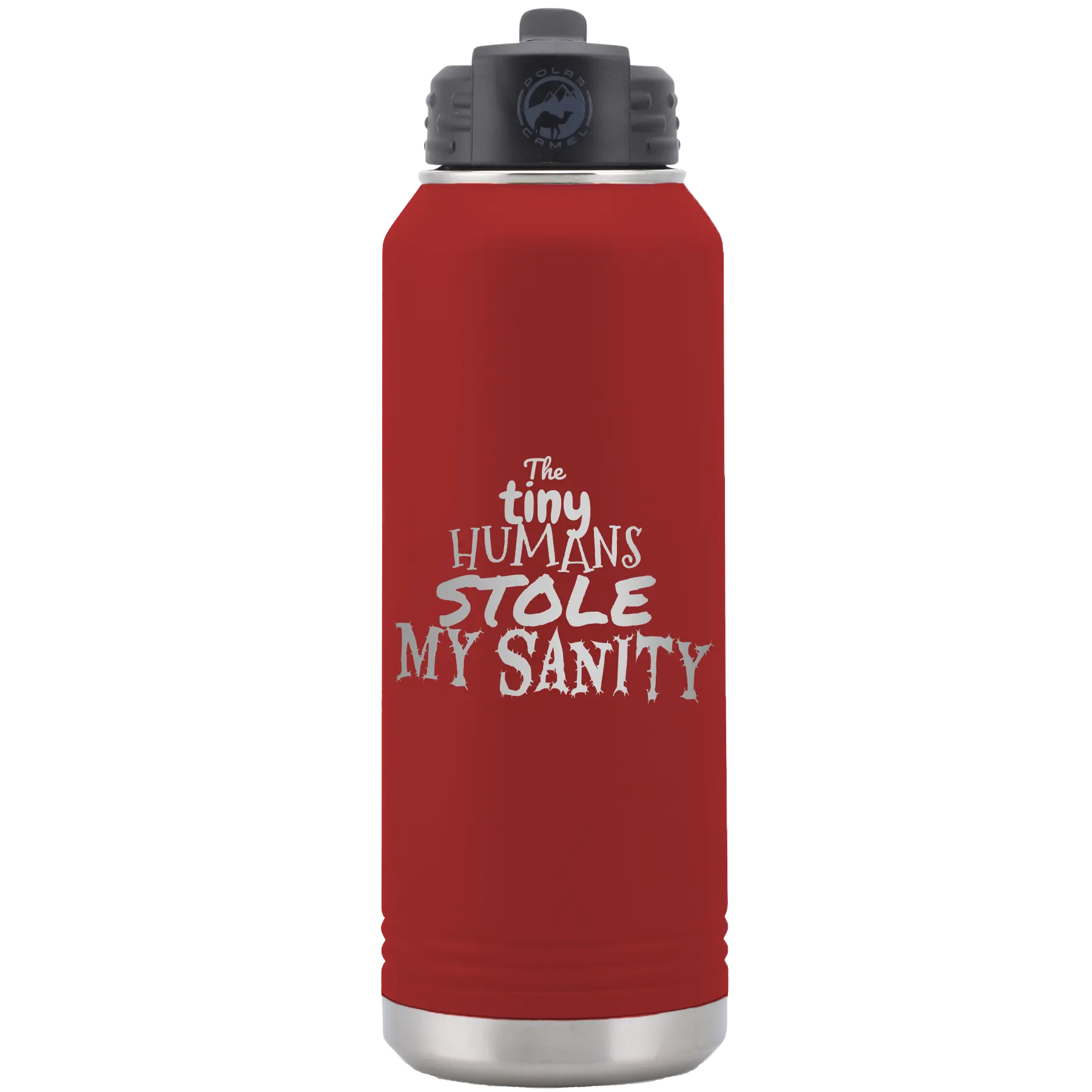 Laser etched maroon 32 oz vacuum insulated water bottle with 'The Tiny Humans Stole My Sanity' design