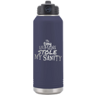 Laser etched navy 32 oz vacuum insulated water bottle with 'The Tiny Humans Stole My Sanity' design