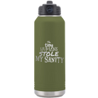 Laser etched olive green 32 oz vacuum insulated water bottle with 'The Tiny Humans Stole My Sanity' design