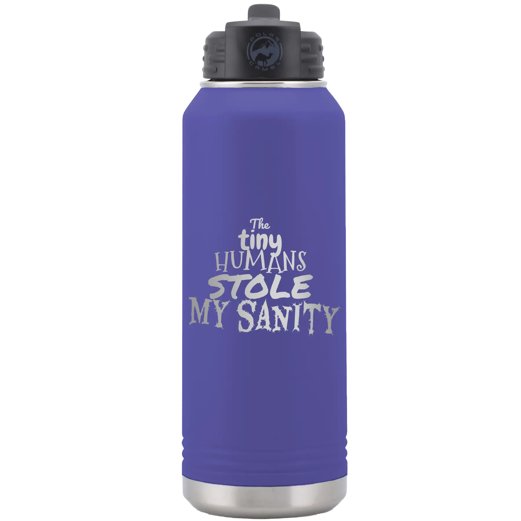 Laser etched purple 32 oz vacuum insulated water bottle with 'The Tiny Humans Stole My Sanity' design