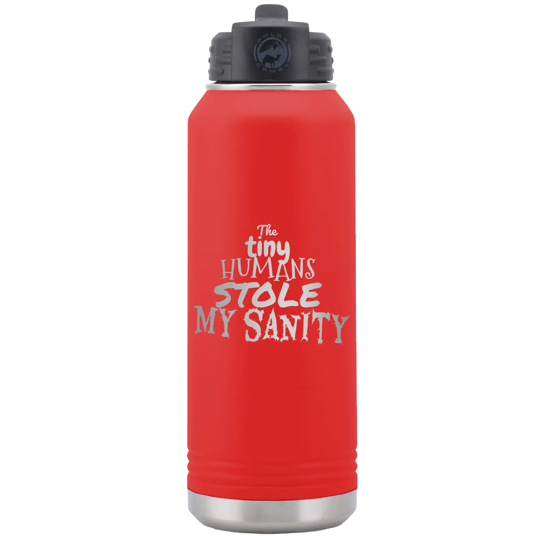 Laser etched red 32 oz vacuum insulated water bottle with 'The Tiny Humans Stole My Sanity' design