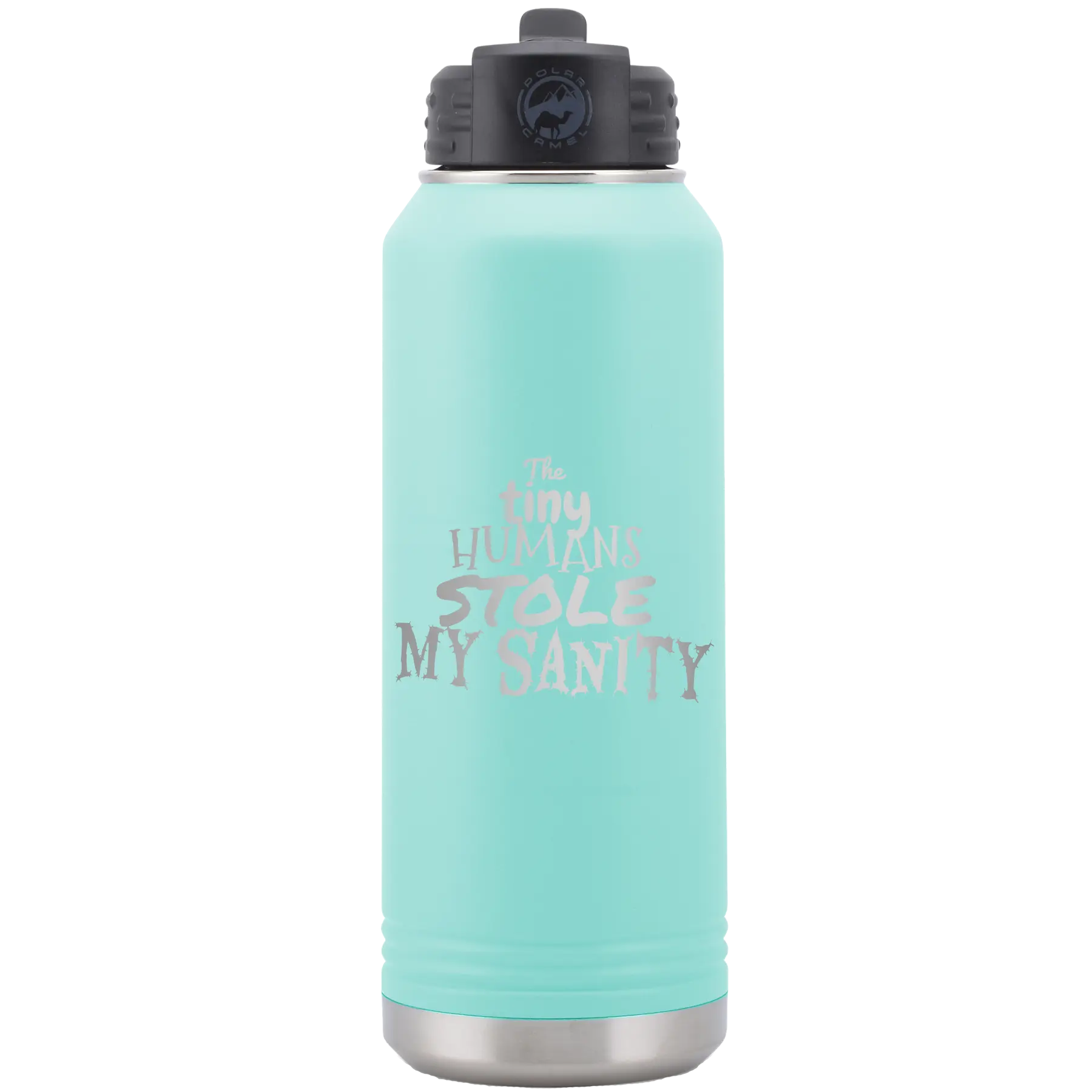 Laser etched teal 32 oz vacuum insulated water bottle with 'The Tiny Humans Stole My Sanity' design