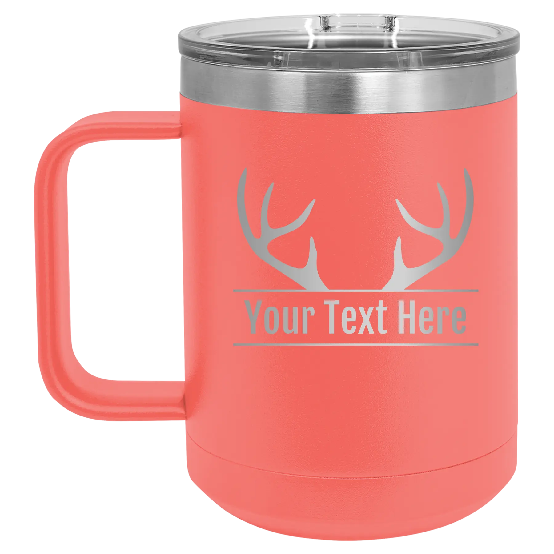 Personalized coral 15 oz vacuum insulated coffee mug with 'Antler2' design