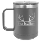 Personalized dark gray 15 oz vacuum insulated coffee mug with 'Antler2' design