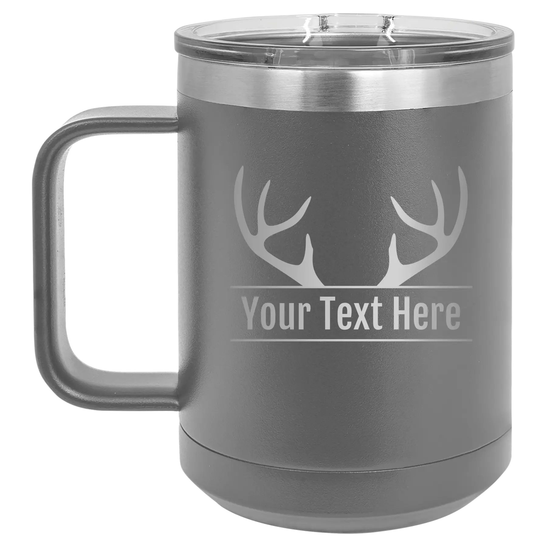 Personalized dark gray 15 oz vacuum insulated coffee mug with 'Antler2' design