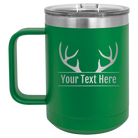 Personalized green 15 oz vacuum insulated coffee mug with 'Antler2' design