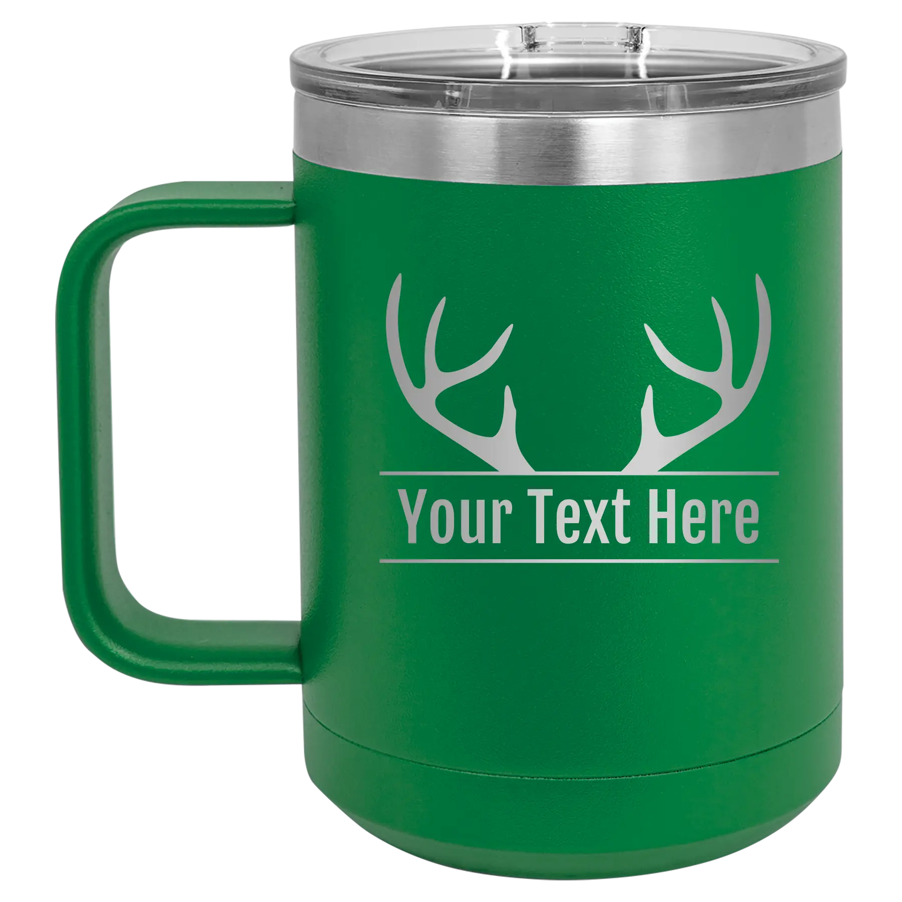 Personalized green 15 oz vacuum insulated coffee mug with 'Antler2' design