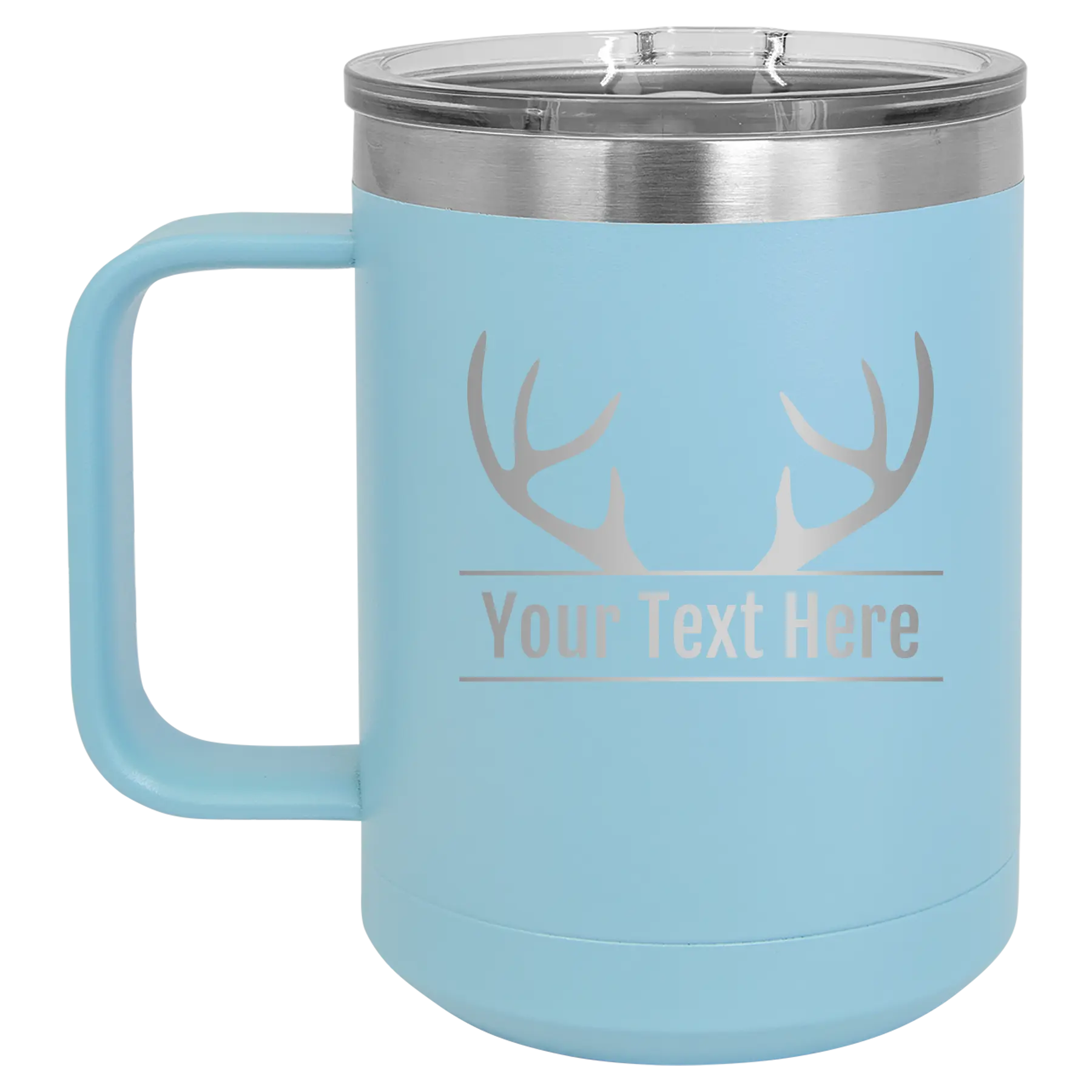 Personalized light blue 15 oz vacuum insulated coffee mug with 'Antler2' design