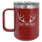Personalized maroon 15 oz vacuum insulated coffee mug with 'Antler2' design