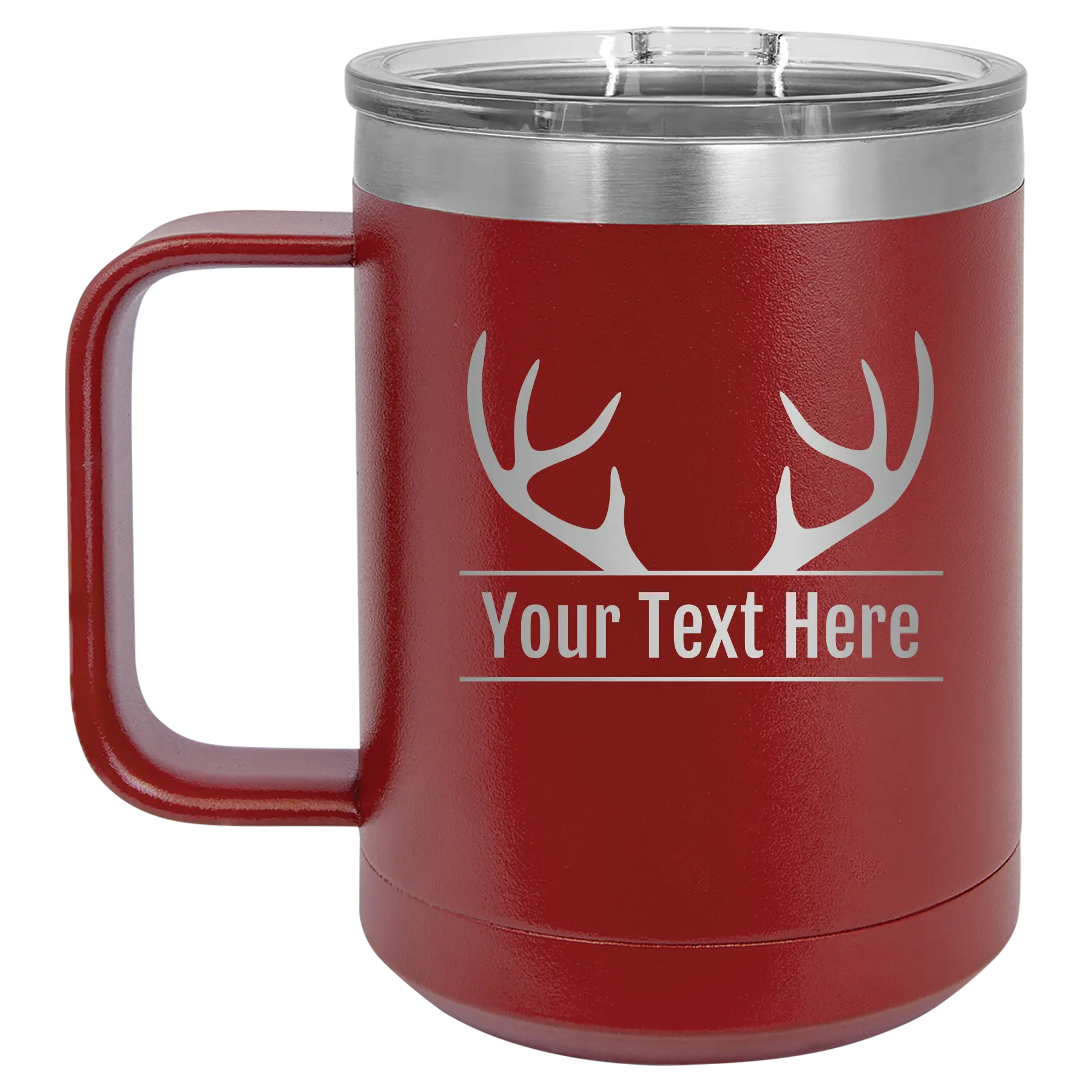 Personalized maroon 15 oz vacuum insulated coffee mug with 'Antler2' design