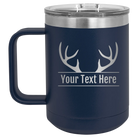 Personalized navy 15 oz vacuum insulated coffee mug with 'Antler2' design
