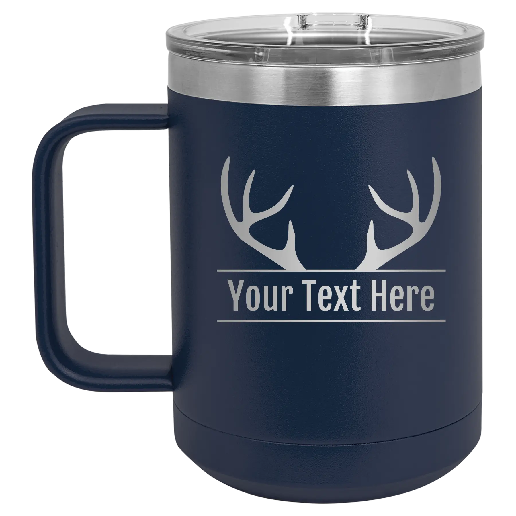Personalized navy 15 oz vacuum insulated coffee mug with 'Antler2' design