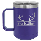 Personalized purple 15 oz vacuum insulated coffee mug with 'Antler2' design