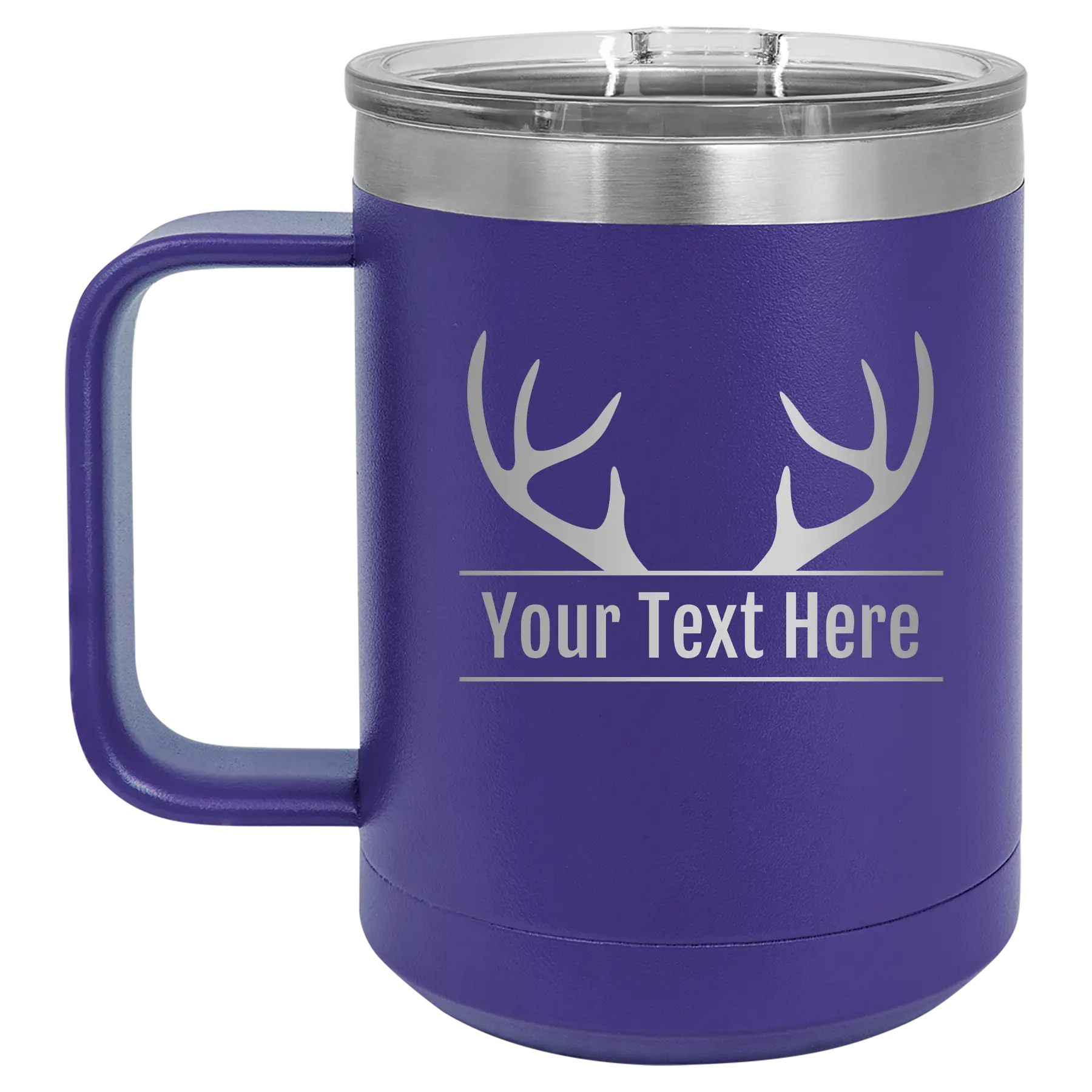 Personalized purple 15 oz vacuum insulated coffee mug with 'Antler2' design