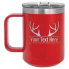 Personalized red 15 oz vacuum insulated coffee mug with 'Antler2' design
