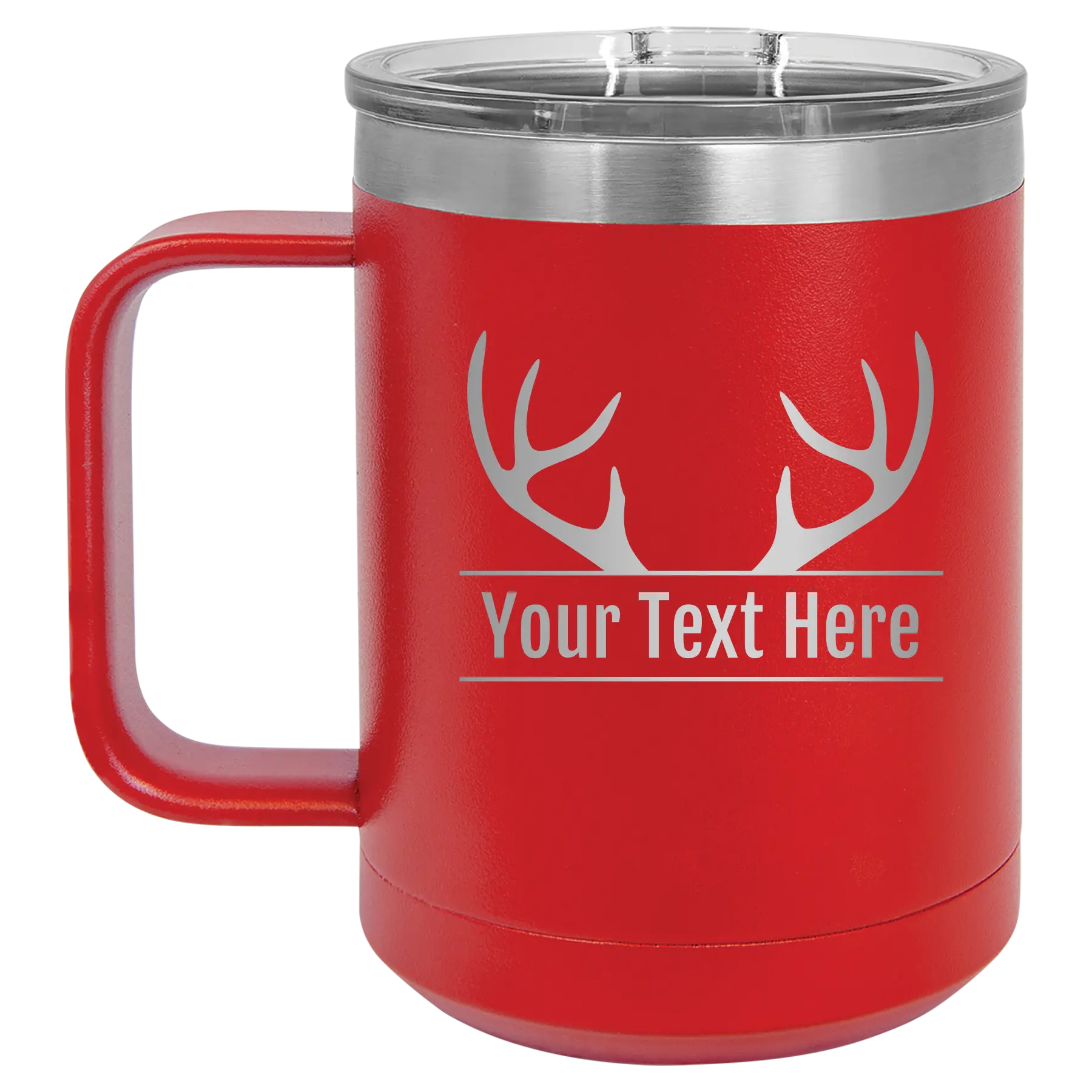 Personalized red 15 oz vacuum insulated coffee mug with 'Antler2' design
