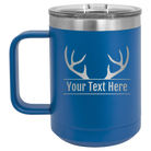 Personalized royal blue 15 oz vacuum insulated coffee mug with 'Antler2' design