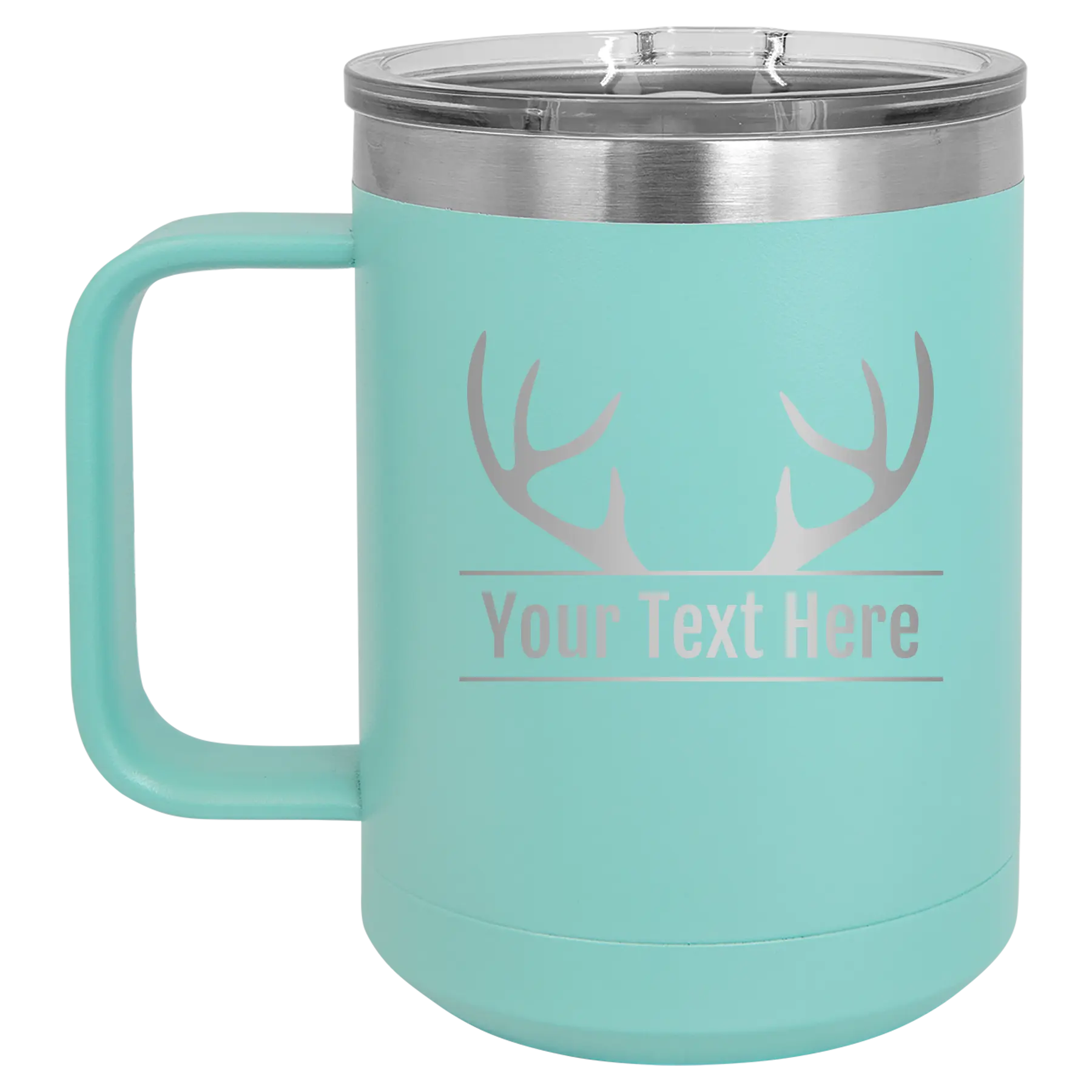 Personalized teal 15 oz vacuum insulated coffee mug with 'Antler2' design