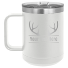 Personalized white 15 oz vacuum insulated coffee mug with 'Antler2' design