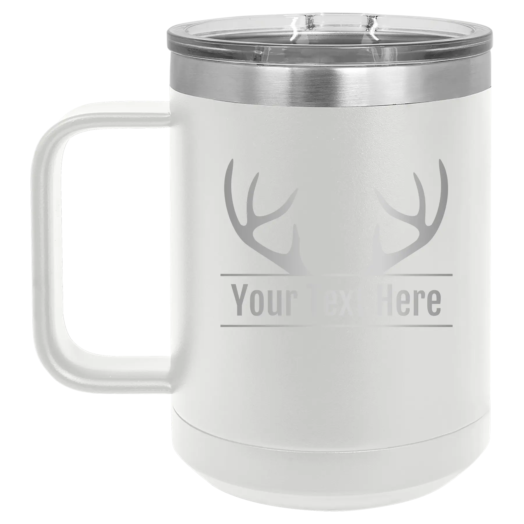 Personalized white 15 oz vacuum insulated coffee mug with 'Antler2' design