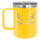 Personalized yellow 15 oz vacuum insulated coffee mug with 'Antler2' design